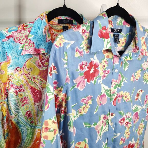 CHAPS Bundle Cotton Button-Up Shirts Large Petite Women's Floral Blouses - Picture 1 of 4